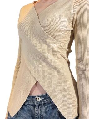 Cream Ribbed Wrap Sweater